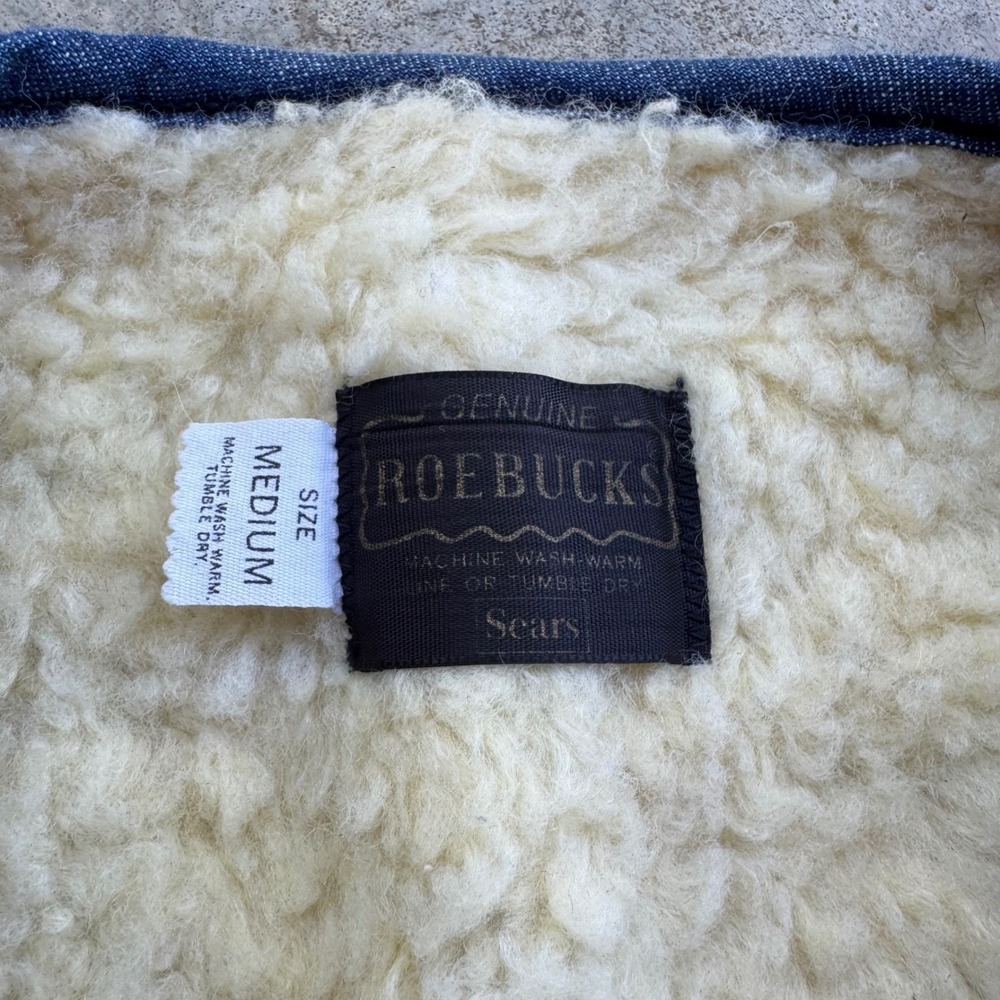 Vintage 70s Roebucks Sears Denim Sherpa Vest Americana Workwear Blue Medium g4a - Picture 3 of 8